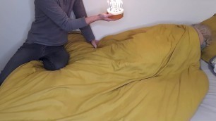 Stepbrother with cake for stepsister's happy birthday caught her masurbating in bed and fucked her&period;