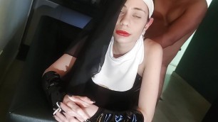 Nun masturbates me with her feet and then swallows my cock with her beautiful white ass